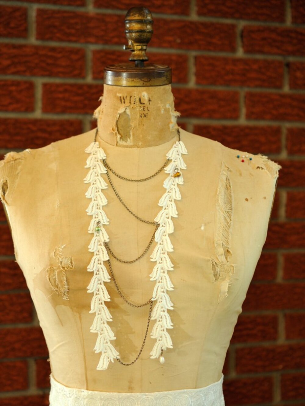 Handmade Venetian Lace Long Necklace | Ivory Bell Fringe | Bronze-tone Chain |